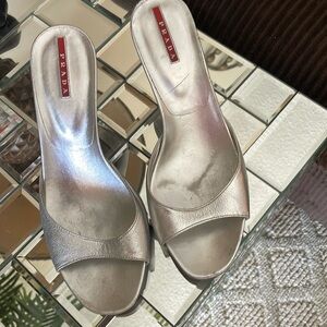 Beautiful silver Prada slides stiletto heel